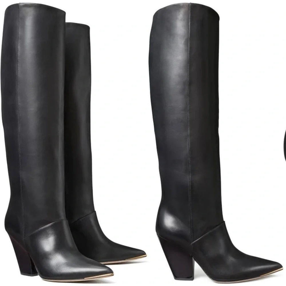 SOLD⛔️TORY BURCH SOFT LEATHER Knee high 3.6" heel pointy gold tip toe boots - Picture 3 of 16